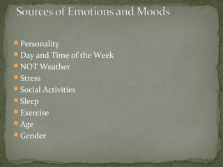Personality
Day and Time of the Week
NOT Weather
Stress
Social Activities
Sleep
Exercise
Age
Gender
 