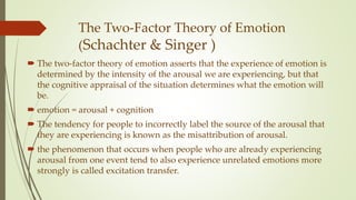 The Two-Factor Theory of Emotion
(Schachter & Singer )
 The two-factor theory of emotion asserts that the experience of emotion is
determined by the intensity of the arousal we are experiencing, but that
the cognitive appraisal of the situation determines what the emotion will
be.
 emotion = arousal + cognition
 The tendency for people to incorrectly label the source of the arousal that
they are experiencing is known as the misattribution of arousal.
 the phenomenon that occurs when people who are already experiencing
arousal from one event tend to also experience unrelated emotions more
strongly is called excitation transfer.
 