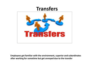 Transfers
Employees get familiar with the environment, superior and subordinates
after working for sometime but get annoyed due to the transfer
 