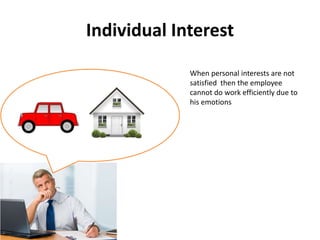 Individual Interest
When personal interests are not
satisfied then the employee
cannot do work efficiently due to
his emotions
 