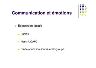 Communication et émotions

  Expression faciale

   Ekman

   Hess (UQAM)

   Etude attribution sourire endo-groupe
 