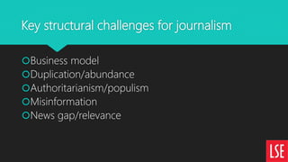Key structural challenges for journalism
Business model
Duplication/abundance
Authoritarianism/populism
Misinformation...