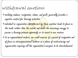withdrawal emotions
 including sadness, resignation, shame, and guilt, generally provides a
  negative context for learning activities.
 individual or organization characterized by these emotions tends to focus on
  the inside rather than the outside and lacks the necessary energy to
  pursue a learning process vigorously or to invest in new venture.
 In an organizational context, one could conceive of a period of resignation and
  of focus on intraorganizational matters as a phase of restructuring and
  regeneration requiring all the organization's energies to be directedinward.
 