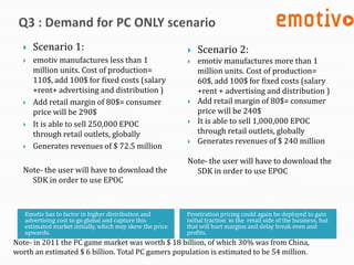    Scenario 1:                                            Scenario 2:
     emotiv manufactures less than 1                        emotiv manufactures more than 1
      million units. Cost of production=                      million units. Cost of production=
      110$, add 100$ for fixed costs (salary                  60$, add 100$ for fixed costs (salary
      +rent+ advertising and distribution )                   +rent + advertising and distribution )
     Add retail margin of 80$= consumer                     Add retail margin of 80$= consumer
      price will be 290$                                      price will be 240$
     It is able to sell 250,000 EPOC                        It is able to sell 1,000,000 EPOC
      through retail outlets, globally                        through retail outlets, globally
                                                             Generates revenues of $ 240 million
     Generates revenues of $ 72.5 million
                                                          Note- the user will have to download the
  Note- the user will have to download the                  SDK in order to use EPOC
    SDK in order to use EPOC



   Emotiv has to factor in higher distribution and        Penetration pricing could again be deployed to gain
   advertising cost to go global and capture this         initial traction in the retail side of the business, but
   estimated market initially, which may skew the price   that will hurt margins and delay break even and
   upwards.                                               profits.
Note- in 2011 the PC game market was worth $ 18 billion, of which 30% was from China,
worth an estimated $ 6 billion. Total PC gamers population is estimated to be 54 million.
 