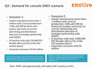    Scenario 1:                                             Scenario 2:
                                                            emotiv manufactures more than
   emotiv manufactures less than 1                          1 million units. Cost of
    million units. Cost of production=                       production= 60$, add 50$ for
    110$, add 50$ for fixed costs                            fixed costs (salary and rent), no
    (salary and rent), no cost for                           cost for advertising and
    advertising and distribution                             distribution (because of
    (because of strategic partnership                        strategic partnership with
    with SONY)                                               SONY)
                                                            It launches with only 1,000,000
   It launches with only 250,000 PS3                        PS3 Bundle offers (1% of the
    Bundle offers (0.25% of the PS3                          PS3 market share)
    market share)                                           Generates revenues of $110
   Generates revenues of $ 40 million                       million


Entry level pricing for emotiv would have long term      Premium could be charged by emotiv for exclusive
marketing benefits of inducing user trials, generating   long term strategic agreement with SONY and the
proof concept and gaining traction in other verticals    margins could be improved at the time of
                                                         negotiations.


     Note- SONY sold approximately 100 million PSP consoles in 2011.
 