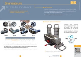 Option
EXISTE
SUR
MESURE
13
www.palamaticprocess.fr/machines-industrielles/emottage/
granulateurs-modeles-standards
Vidéos & plans téléchargeables en ligne
I
Barreaux de pré-concassage
13
www.palamaticprocess.fr/machines-industrielles/emottage/
granulateurs-modeles-standards
Vidéos & plans téléchargeables en ligne
I
F
Granulateurs
Gamme des granulateurs
12
Modèles
Dimensions de la bride de passage en mm
Débit Théorique en m³/h.
I
Granulateurs
 