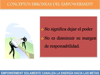 CONCEPTOS ERRONEAS DEL EMPOWERMENT
No significa dejar el poder
No es disminuir su margen
de responsabilidad.
EMPOWERMENT SOLAMENTE CANALIZA LA ENERGÍA HACIA LAS METAS