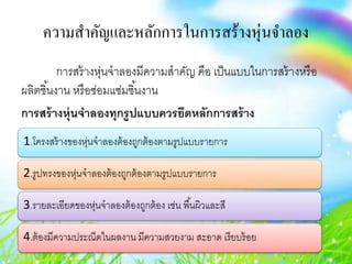 ความสาคัญและหลักการในการสร้างหุ่นจาลอง
การสร้างหุ่นจาลองมีความสาคัญ คือ เป็นแบบในการสร้างหรือ
ผลิตชิ้นงาน หรือซ่อมแซ่มชิ้นงาน
การสร้างหุ่นจาลองทุกรูปแบบควรยึดหลักการสร้าง
1.โครงสร้างของหุ่นจาลองต้องถูกต้องตามรูปแบบรายการ
2.รูปทรงของหุ่นจาลองต้องถูกต้องตามรูปแบบรายการ
3.รายละเอียดของหุ่นจาลองต้องถูกต้อง เช่น พื้นผิวและสี
4.ต้องมีความประณีตในผลงาน มีความสวยงาม สะอาด เรียบร้อย
 