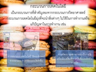 กระบวนการเทคโนโลยี
เป็นกระบวนการที่สาคัญรองจากกระบวนการวิทยาศาสตร์
กระบวนการเทคโลโนยีมุ่งที่จะนาสิ่งต่างๆ ไปใช้ในการทางานหรือ
แก้ปัญหาในการทางาน เช่น
การออกแบบเทคโนโลยี ใช้คอมพิวเตอร์
ช่วยออกแบบ ทาให้เขียนแบบได้เร็วขึ้น
การพัฒนาอุตสาหกรรม เป็นการใช้
เครื่องมือ เครื่องจักร มาใช้เพิ่มประสิทธิใน
การผลิต
 