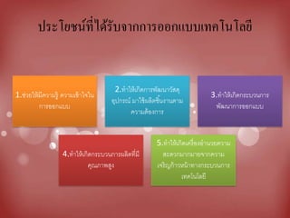 ประโยชน์ที่ได้รับจากการออกแบบเทคโนโลยี
1.ช่วยให้มีความรู้ ความเข้าใจใน
การออกแบบ
2.ทาให้เกิดการพัฒนาวัสดุ
อุปกรณ์ มาใช้ผลิตชิ้นงานตาม
ความต้องการ
3.ทาให้เกิดกระบวนการ
พัฒนาการออกแบบ
4.ทาให้เกิดกระบวนการผลิตที่มี
คุณภาพสูง
5.ทาให้เกิดเครื่องอานวยความ
สะดวกมากมายจากความ
เจริญก้าวหน้าทางกระบวนการ
เทคโนโลยี
 