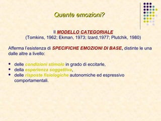 Quante emozioni?Quante emozioni?
Il MODELLO CATEGORIALE
(Tomkins, 1962; Ekman, 1973; Izard,1977; Plutchik, 1980)
Afferma l’esistenza di SPECIFICHE EMOZIONI DI BASE, distinte le una
dalle altre a livello:
 delle condizioni stimolo in grado di eccitarle,
 della esperienza soggettiva,
 delle risposte fisiologiche autonomiche ed espressivo
comportamentali.
 
