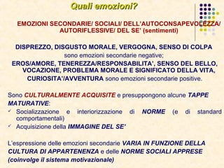 Quali emozioni?Quali emozioni?
EMOZIONI SECONDARIE/ SOCIALI/ DELL’AUTOCONSAPEVOLEZZA/
AUTORIFLESSIVE/ DEL SE’ (sentimenti)
DISPREZZO, DISGUSTO MORALE, VERGOGNA, SENSO DI COLPA
sono emozioni secondarie negative;
EROS/AMORE, TENEREZZA/RESPONSABILITA’, SENSO DEL BELLO,
VOCAZIONE, PROBLEMA MORALE E SIGNIFICATO DELLA VITA,
CURIOSITA’/AVVENTURA sono emozioni secondarie positive.
Sono CULTURALMENTE ACQUISITE e presuppongono alcune TAPPE
MATURATIVE:
 Socializzazione e interiorizzazione di NORME (e di standard
comportamentali)
 Acquisizione della IMMAGINE DEL SE’
L’espressione delle emozioni secondarie VARIA IN FUNZIONE DELLA
CULTURA DI APPARTENENZA e delle NORME SOCIALI APPRESE
(coinvolge il sistema motivazionale)
 