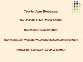 Teorie delle Emozioni:
TEORIA PERIFERICA (JAMES-LANGE)
TEORIA CENTRALE (CANNON)
TEORIA della ATTIVAZIONE-VALUTAZIONE (SCHACHTER-SINGER)
IPOTESI del FEED-BACK FACCIALE (EKMAN)
 