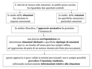 L’attività di ricerca sulle emozioni, in ambito psico-sociale,
ha riguardato due questioni centrali:
lo studio delle situazioni
che elicitano le
risposte emozionali

lo studio delle relazioni
tra specifiche situazioni e
particolari emozioni

In ambito filosofico, l’approccio normativo ha postulato
l’esistenza di
una precisa corrispondenza tra
determinate situazioni elicitanti e specifiche tipologie di emozioni
(per es. un insulto all’onore provoca sempre rabbia,
un’aggressione da parte di un nemico ritenuto più forte provoca paura)

questo approccio è poco valido in termini previsionali: non è sempre possibile
prevedere l’emozione risultante,
utilizzando esclusivamente informazioni relative alla situazione

 