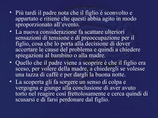 • Più tardi il padre nota che il figlio è sconvolto e
appartato e ritiene che questi abbia agito in modo
sproporzionato all’evento.
• La nuova considerazione fa scattare ulteriori
sensazioni di tensione e di preoccupazione per il
figlio, cosa che lo porta alla decisione di dover
accertare le cause del problema e quindi a chiedere
spiegazioni al bambino o alla madre.
• Quello che il padre viene a scoprire è che il figlio era
sceso, per volere della madre, a chiedergli se volesse
una tazza di caffè e per dargli la buona notte.
• La scoperta gli fa sorgere un senso di colpa e
vergogna e giunge alla conclusione di aver avuto
torto nel reagire così frettolosamente e cerca quindi di
scusarsi e di farsi perdonare dal figlio.
 