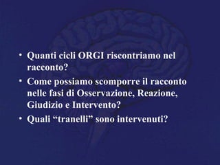 • Quanti cicli ORGI riscontriamo nel
racconto?
• Come possiamo scomporre il racconto
nelle fasi di Osservazione, Reazione,
Giudizio e Intervento?
• Quali “tranelli” sono intervenuti?
 