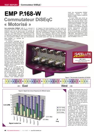 TEST REPORT                  Commutateur DiSEqC




EMP P.168-W                                                                                                     ment les commandes DiSEqC
                                                                                                                suivantes : Switch 1 (A/B),
                                                                                                                Switch 2 (A/B), Switch 3 (A/B) et
                                                                                                                Switch 4 (A/B).


Commutateur DiSEqC
                                                                                                                   Si vous n’êtes pas arrivé au
                                                                                                                terme de vos envies avec 8 satel-
                                                                                                                lites, vous pourrez élargir votre


« Motorisé »
                                                                                                                système de distribution avec des
                                                                                                                commutateurs DiSEqC 1.0 addi-
                                                                                                                tionnels « normaux ». Ceci est
                                                                                                                possible car le P.168-W ne répond
Les protocoles DiSEqC 1.0 et 1.1 servent à                en rapport. De toute évidence, il a dû y avoir un     qu’aux instructions réservées
commuter entre les LNB, et les DiSEqC 1.2 et 1.3          jeune ingénieur dans cette entreprise qui ne savait   pour le DiSEqC 1.1. Ainsi dans
(USALS) sont mis en œuvre pour le contrôle de             pas que le DiSEqC 1.2 était pour les moteurs - par    le cas d’une cascade, ce système
moteurs. D’accord ? Ceci vaut pour tout le monde,         pour les commutateurs. Grâce à cette heureuse         peut vous offrir même 32 entrées
mais pas pour EMP-Centauri ! EMP-Centauri est             méprise, nous disposons désormais des bienfaits       LNB (4x8). Naturellement, votre
un fabricant important de multi-commutateurs et           du commutateur P.168-W. Ce commutateur peut           récepteur devra être compatible
de commutateurs DiSEqC ainsi que d’accessoires            être piloté aussi bien avec les commandes stan-       avec le DiSEqC 1.0 et 1.1.
dard DiSEqC 1.1 qu’avec les
commandes 1.2 !
   Le premier avantage de ce
commutateur saute aux yeux dès
le premier coup d’œil. En effet, ce
commutateur peut être installé à
l’extérieur. Son boîtier protégé
tout comme les connexions ins-
tallées en partie inférieure ne
permettent aucun doute. Cela
veut dire qu’un seul trou dans
le cadre de votre fenêtre sufﬁt
pour vous permettre l’accès à
jusqu’à huit antennes. En outre,                                                                                                                 10-11/2007
vous pouvez aussi l’utiliser pour
                                                                                                                                      EMP P.168-W
router le signal de votre antenne
                                                                                                                             A very smart switching device with
terrestre. Il est clair, que ce der-
                                                                                                                                   superior performance
nier devra être séparé du signal
satellite après le passage d’une
fenêtre ou d’un mur.
   Mais parlons un peu du pilo-
tage de ce commutateur. Le
P.168-W peut être piloté par la
commande DiSEqC 1.1. “Write
N1” qui sélectionne l’un parmi le
huit « commutateurs non alié-
nés » (terminologie spéciﬁque
DiSEqC). Sont utilisées notam-
                                                                                                           Figure 1. The principle of operation of P.168-W.




                                                                                                                   Mais, concentrons-nous sur 8
                         Figure 2. Signal loss versus frequency for different inputs.                           entrées. C’est un fait que tous les
                                                                                                                récepteurs ne sont pas pourvus
                                                                                                                du DiSEqC 1.1. Si votre récepteur
                                                                                                                n’implémente que le DiSEqC 1.0,
                                                                                                                le P.168-W ne sous sera d’aucune
                                                                                                                utilité. Toutefois, s’il implémente
                                                                                                                le DiSEqC 1.2, vous allez pouvoir
                                                                                                                le mettre en œuvre très facile-
                                                                                                                ment. Et c’est là que se situe la
                                                                                                                magie de ce produit !
                                                                                                                   Normalement, les instructions
                                                                                                                DiSEqC 1.2 sont utilisées pour
                                                                                                                tourner une parabole vers l’Est
                                                                                                                ou vers l’Ouest. Dans le menu
                                                                                                                d’installation du moteur vous
                                                                                                                rencontrerez des commandes du
                                                                                                                genre : “Go to reference”, “Go
                                                                                                                to West” et “Go to East”. Parfois
                                                                                                                aussi : “One step East” et “One
                                                                                                                step West”. Donc, si vous pressez
                                                                                                                et gardez appuyé « GO West »
                                                                                                                (aller vers l’Ouest), le récepteur
                                                                                                                émettra des signaux pour que le
                                                                                                                moteur tourne vers l'Ouest par
                                                                                                                petits pas. Le P.168-W est conçu



48 TELE-satellite & Broadband — 10-1
                                   1/2007 — www.TELE-satellite.com
 