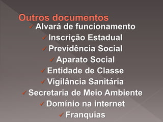  Alvará de funcionamento
 Inscrição Estadual
 Previdência Social
 Aparato Social
 Entidade de Classe
 Vigilância Sanitária
 Secretaria de Meio Ambiente
 Domínio na internet
 Franquias
 