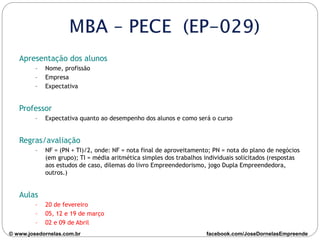 Apresentação dos alunos
– Nome, profissão
– Empresa
– Expectativa
Professor
– Expectativa quanto ao desempenho dos alunos e como será o curso
Regras/avaliação
– NF = (PN + TI)/2, onde: NF = nota final de aproveitamento; PN = nota do plano de negócios
(em grupo); TI = média aritmética simples dos trabalhos individuais solicitados (respostas
aos estudos de caso, dilemas do livro Empreendedorismo, jogo Dupla Empreendedora,
outros.)
Aulas
– 20 de fevereiro
– 05, 12 e 19 de março
– 02 e 09 de Abril
© www.josedornelas.com.br facebook.com/JoseDornelasEmpreende
 