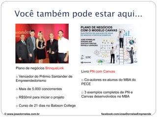 Plano de negócios BrinqueLink
o Vencedor do Prêmio Santander de
Empreendedorismo
o Mais de 5.000 concorrentes
o R$50mil para iniciar o projeto
o Curso de 21 dias no Babson College
© www.josedornelas.com.br facebook.com/JoseDornelasEmpreende
Livro PN com Canvas
o Co-autores ex-alunos do MBA do
PECE
o 3 exemplos completos de PN e
Canvas desenvolvidos no MBA
 