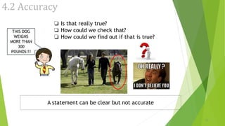 4.2 Accuracy
❏ Is that really true?
❏ How could we check that?
❏ How could we find out if that is true?
A statement can be clear but not accurate
THIS DOG
WEIGHS
MORE THAN
300
POUNDS!!!
13
 