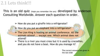 6
2.1 Lets think!!!
(hope you remember the ans)
This is an old quiz developed by Anderson
Consulting Worldwide. Answer each question in order.
➢ How do you put a giraffe into a refrigerator?
➢ How do you put an elephant into a refrigerator?
➢ The Lion King is hosting an animal conference. All the
animals attend ... except one. Which animal does not
attend?
➢ There is a river you must cross but it is used by crocodiles,
and you do not have a boat. How do you manage it?
The correct answers are given in
the last slide
 