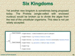 Yet another new kingdom is sometimes being proposed
today. The Protista (single-celled with enclosed
nucleus) would be broken up to divide the algae from
the rest of the unicellular organisms. This idea is not yet
widely accepted.
65Institute of Earth Systems
 
