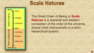 10
The Great Chain of Being or Scala
Naturae is a classical and western
conception of the order of the universe,
whose chief characteristic is a strict
hierarchical system.
 