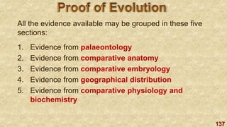 137
All the evidence available may be grouped in these five
sections:
1. Evidence from palaeontology
2. Evidence from comparative anatomy
3. Evidence from comparative embryology
4. Evidence from geographical distribution
5. Evidence from comparative physiology and
biochemistry
 