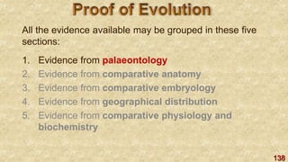 138
All the evidence available may be grouped in these five
sections:
1. Evidence from palaeontology
2. Evidence from comparative anatomy
3. Evidence from comparative embryology
4. Evidence from geographical distribution
5. Evidence from comparative physiology and
biochemistry
 