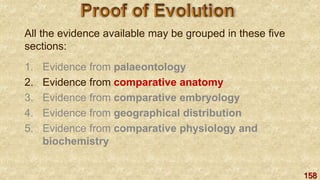 158
All the evidence available may be grouped in these five
sections:
1. Evidence from palaeontology
2. Evidence from comparative anatomy
3. Evidence from comparative embryology
4. Evidence from geographical distribution
5. Evidence from comparative physiology and
biochemistry
 