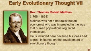 27
Rev. Thomas Robert Malthus
(1766 - 1834)
Malthus was not a naturalist but an
economist who was interested in the way
that human populations regulated
themselves.
He is included here because his ideas had
a great influence on the development of
evolutionary thought.
 