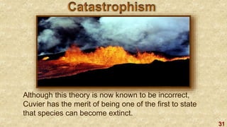 31
Although this theory is now known to be incorrect,
Cuvier has the merit of being one of the first to state
that species can become extinct.
 