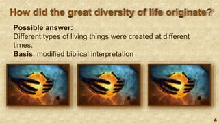 4
Possible answer:
Different types of living things were created at different
times.
Basis: modified biblical interpretation
 