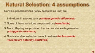 78
Darwin’s generalisations (today accepted as true) are:
1. Individuals in species vary (random genetic differences)
2. Some of these variations are passed on (hereditable)
3. More offspring are produced that can survive each generation
(struggle for existence)
4. Survival and reproduction are not random (the favourable
variants are naturally selected)
 
