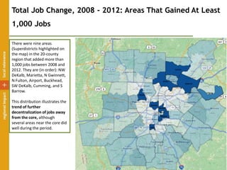 Total Job Change, 2008 - 2012: Areas That Gained At Least
1,000 Jobs
There were nine areas
(Superdistricts highlighted on
the map) in the 20-county
region that added more than
1,000 jobs between 2008 and
2012. They are (in order): NW
DeKalb, Marietta, N Gwinnett,
N Fulton, Airport, Buckhead,
SW DeKalb, Cumming, and S
Barrow.
This distribution illustrates the
trend of further
decentralization of jobs away
from the core, although
several areas near the core did
well during the period.
 