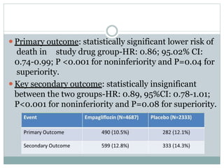 ⚫Primary outcome: statistically significant lower risk of
death in study drug group-HR: 0.86; 95.02% CI:
0.74-0.99; P <0.001 for noninferiority and P=0.04 for
superiority.
⚫Key secondary outcome: statistically insignificant
between the two groups-HR: 0.89, 95%CI: 0.78-1.01;
P<0.001 for noninferiority and P=0.08 for superiority.
 