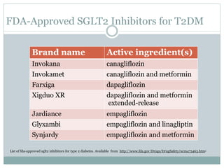 FDA-Approved SGLT2 Inhibitors for T2DM
Brand name Active ingredient(s)
Invokana canagliflozin
Invokamet canagliflozin and metformin
Farxiga dapagliflozin
Xigduo XR dapagliflozin and metformin
extended-release
Jardiance empagliflozin
Glyxambi empagliflozin and linagliptin
Synjardy empagliflozin and metformin
List of fda-approved sglt2 inhibitors for type 2 diabetes. Available from http://www.fda.gov/Drugs/DrugSafety/ucm475463.htm3
 