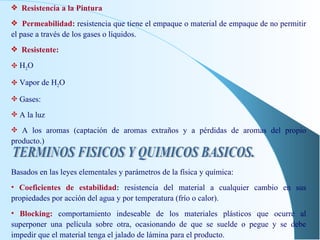 Resistencia a la Pintura Permeabilidad:   resistencia que tiene el empaque o material de empaque de no permitir el pase a través de los gases o líquidos. Resistente:   H 2 O Vapor de H 2 O Gases: A la luz A los aromas (captación de aromas extraños y a pérdidas de aromas del propio producto.) Basados en las leyes elementales y parámetros de la física y química: Coeficientes de estabilidad :   resistencia del material a cualquier cambio en sus propiedades por acción del agua y por temperatura (frío o calor). Blocking:   comportamiento indeseable de los materiales plásticos que ocurre al superponer una película sobre otra, ocasionando de que se suelde o pegue y se debe impedir que el material tenga el jalado de lámina para el producto. TERMINOS FISICOS Y QUIMICOS BASICOS. 
