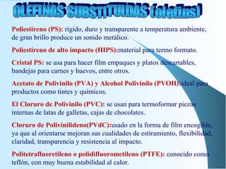 OLEFINAS SUBSTITUIDAS (olefins) Poliestireno (PS):  rígido, duro y transparente a temperatura ambiente, de gran brillo produce un sonido metálico. Poliestireno de alto impacto (HIPS): material para termo formato. Cristal PS:  se usa para hacer film empaques y platos descartables, bandejas para carnes y huevos, entre otros. Acetato de Polivinilo (PVA) y Alcohol Polivinílo (PVOH): ideal para productos como tintes y químicos. El Cloruro de Polivinilo (PVC):  se usan para termoformar piezas internas de latas de galletas, cajas de chocolates. Cloruro de Polivinilideno(PVdC): usado en la forma de film encogible, ya que al orientarse mejoran sus cualidades de estiramiento, flexibilidad, claridad, transparencia y resistencia al impacto. Politetrafluoretileno o polidifluorometileno (PTFE):  conocido como teflón, con muy buena estabilidad al calor. 