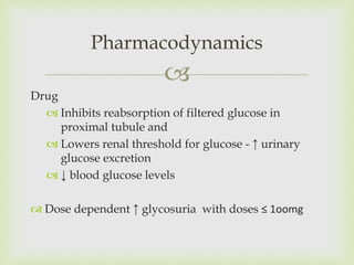 
Drug
 Inhibits reabsorption of filtered glucose in
proximal tubule and
 Lowers renal threshold for glucose - ↑ urinary
glucose excretion
 ↓ blood glucose levels
 Dose dependent ↑ glycosuria with doses ≤ 1oomg
Pharmacodynamics
 