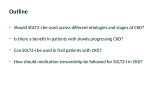 Outline
• Should SGLT2-i be used across different etiologies and stages of CKD?
• Is there a benefit in patients with slowly progressing CKD?
• Can SGLT2-i be used in frail patients with CKD?
• How should medication stewardship be followed for SGLT2-i in CKD?
 