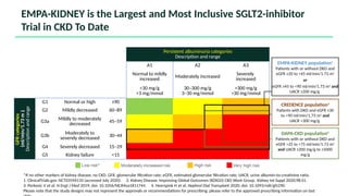 EMPA-KIDNEY is the Largest and Most Inclusive SGLT2-inhibitor
Trial in CKD To Date
*If no other markers of kidney disease, no CKD. GFR, glomerular filtration rate; eGFR, estimated glomerular filtration rate; UACR, urine albumin-to-creatinine ratio.
1. ClinicalTrials.gov. NCT03594110 (accessed July 2020). 2. Kidney Disease: Improving Global Outcomes (KDIGO) CKD Work Group. Kidney Int Suppl 2020;98:S1.
3. Perkovic V et al. N Engl J Med 2019; doi: 10.1056/NEJMoa1811744. 4. Heerspink H et al. Nephrol Dial Transplant 2020; doi: 10.1093/ndt/gfz290.
Please note that the study designs may not represent the approvals or recommendations for prescribing; please refer to the approved prescribing information on last
Persistent albuminuria categories
Description and range
A1 A2 A3
Normal to mildly
increased Moderately increased
Severely
increased
<30 mg/g
<3 mg/mmol
30–300 mg/g
3–30 mg/mmol
>300 mg/g
>30 mg/mmol
GFR
categories
(ml/min/1.73
m
2
)
Description
and
range
G1 Normal or high ≥90
G2 Mildly decreased 60–89
G3a
Mildly to moderately
decreased 45–59
G3b Moderately to
severely decreased
30–44
G4 Severely decreased 15–29
G5 Kidney failure <15
CREDENCE population3
Patients with DKD and eGFR ≥30
to <90 ml/min/1.73 m2
and
UACR >300 mg/g
DAPA-CKD population4
Patients with or without DKD and
eGFR >25 to <75 ml/min/1.73 m2
and UACR ≥200 mg/g to ≤5000
mg/g
EMPA-KIDNEY population1
Patients with or without DKD and
eGFR ≥20 to <45 ml/min/1.73 m2
or
eGFR ≥45 to <90 ml/min/1.73 m2
and
UACR ≥200 mg/g
 