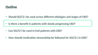 Outline
• Should SGLT2-i be used across different etiologies and stages of CKD?
• Is there a benefit in patients with slowly progressing CKD?
• Can SGLT2-i be used in frail patients with CKD?
• How should medication stewardship be followed for SGLT2-i in CKD?
 