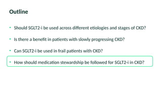 Outline
• Should SGLT2-i be used across different etiologies and stages of CKD?
• Is there a benefit in patients with slowly progressing CKD?
• Can SGLT2-i be used in frail patients with CKD?
• How should medication stewardship be followed for SGLT2-i in CKD?
 