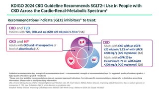 KDIGO 2024 CKD Guideline Recommends SGLT2-i Use in People with
CKD Across the Cardio-Renal-Metabolic Spectrum1
Guideline recommendation key: strength of recommendation level 1 = recommended; strength of recommendation level 2 = suggested; quality of evidence grade A =
high; Quality of evidence grade B = moderate
*Please note that guideline recommendations may not represent approved indications. For india-specific recommendations, please refer to the Indian prescribing
information; †
Please refer to local prescribing information.
CKD, chronic kidney disease; eGFR, estimated glomerular filtration rate; HF, heart failure; KDIGO, Kidney Disease: Improving Global Outcomes; SGLT2, sodium-glucose co-
transporter-2; T2D, type 2 diabetes; UACR, urine albumin-to-creatinine ratio
Adapted: Kidney Disease: Improving Global Outcomes (KDIGO) CKD Work Group. Kidney Int 2024;105 (Suppl. 4S):S117
Patients with T2D, CKD and an eGFR ≥20 ml/min/1.73 m2
(1A)
CKD and T2D
Adults with CKD with an eGFR
≥20 ml/min/1.73 m2
with UACR
≥200 mg/g (≥20 mg/mmol) (1A)
Adults with eGFR 20 to
45 ml/min/1.73 m2
with UACR
<200 mg/g (<20 mg/mmol) (2B)
CKD
Adults with CKD and HF irrespective of
level of albuminuria (1A)
CKD and HF†
Recommendations indicate SGLT2 inhibitors* to treat:
 