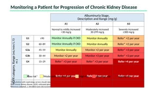 Monitoring a Patient for Progression of Chronic Kidney Disease
*Consultation with nephrology service should take place as needed, depending on local arrangements regarding frequency of monitoring and timing of referral.
CKD, chronic kidney disease; eGFR, estimated glomerular filtration rate; KDIGO, Kidney Disease: Improving Global Outcomes.
References (adapted): 1. ISN-KDIGO Early CKD Screening. 2022. Accessed Mar 2023. 2. National Kidney Foundation (NKF), New York, USA. Accessed Mar 2023.
Albuminuria Stage,
Description and Range (mg/g)
A1 A2 A3
Normal to mildly increased
<30 mg/g
Moderately increased
30-299 mg/g
Severely increased
≥300 mg/g
eGFR
category,
Range
(mL/min/1.73
m
2
)
G1 ≥90 Monitor Annually if CKD Monitor Annually Refer* ×2 per year
G2 60–89 Monitor Annually if CKD Monitor Annually Refer* ×2 per year
G3a 45–59 Monitor Annually Monitor ×2 per year Refer* ×3 per year
G3b 30–44 Monitor ×2 per year Monitor ×3 per year Refer* ×3 per year
G4 15–29 Refer* ×3 per year Refer* ×3 per year Refer +4 per year
G5 <15 Refer +4 per year Refer +4 per year Refer +4 per year
Low risk* Very high risk
High risk
Moderately increased risk Highest risk
 