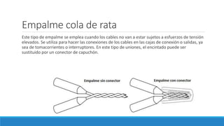 Empalme cola de rata
Este tipo de empalme se emplea cuando los cables no van a estar sujetos a esfuerzos de tensión
elevados. Se utiliza para hacer las conexiones de los cables en las cajas de conexión o salidas, ya
sea de tomacorrientes o interruptores. En este tipo de uniones, el encintado puede ser
sustituido por un conector de capuchón.
 