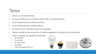 Tarea
1. Que es un circuito eléctrico.
2. En que se diferencia la corriente continua de la corriente alterna
3. Lista 5 elementos de corriente continua
4. Lista 5 elementos de corriente alterna.
5. Para que sirve la conexión a tierra en un equipo.
6. Porque cuando un ave se para en un cable energizado sin aislante no se electrocuta.
7. Traer en parejas los siguientes elementos:
1. Un bombillo
2. Un enchufe
3. Un interruptor
4. Un plafón
5. 2 mts de alambre No. 14
 
