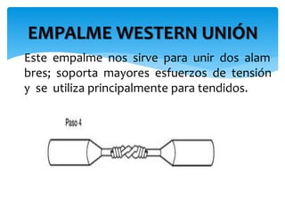 EMPALME WESTERN UNIÓN 
Este empalme nos sirve para unir dos alam 
bres; soporta mayores esfuerzos de tensión 
y se utiliza principalmente para tendidos. 
 